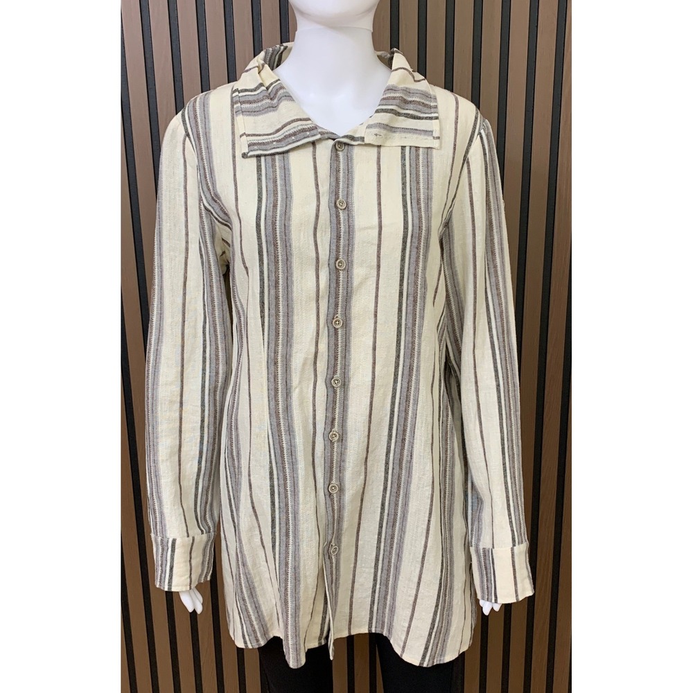 Cristina V Linen Cotton Striped Button Up Tunic Top Neutral XL Long Sleeve